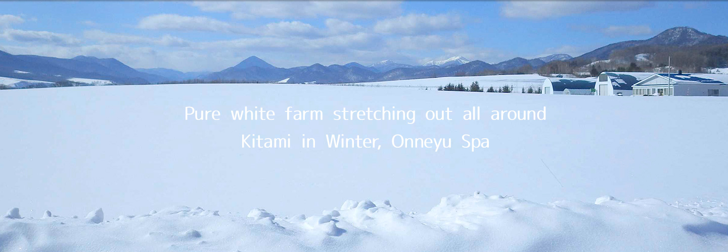 Pure white farm stretching out all around Kitami in Winter, Onneyu Spa
